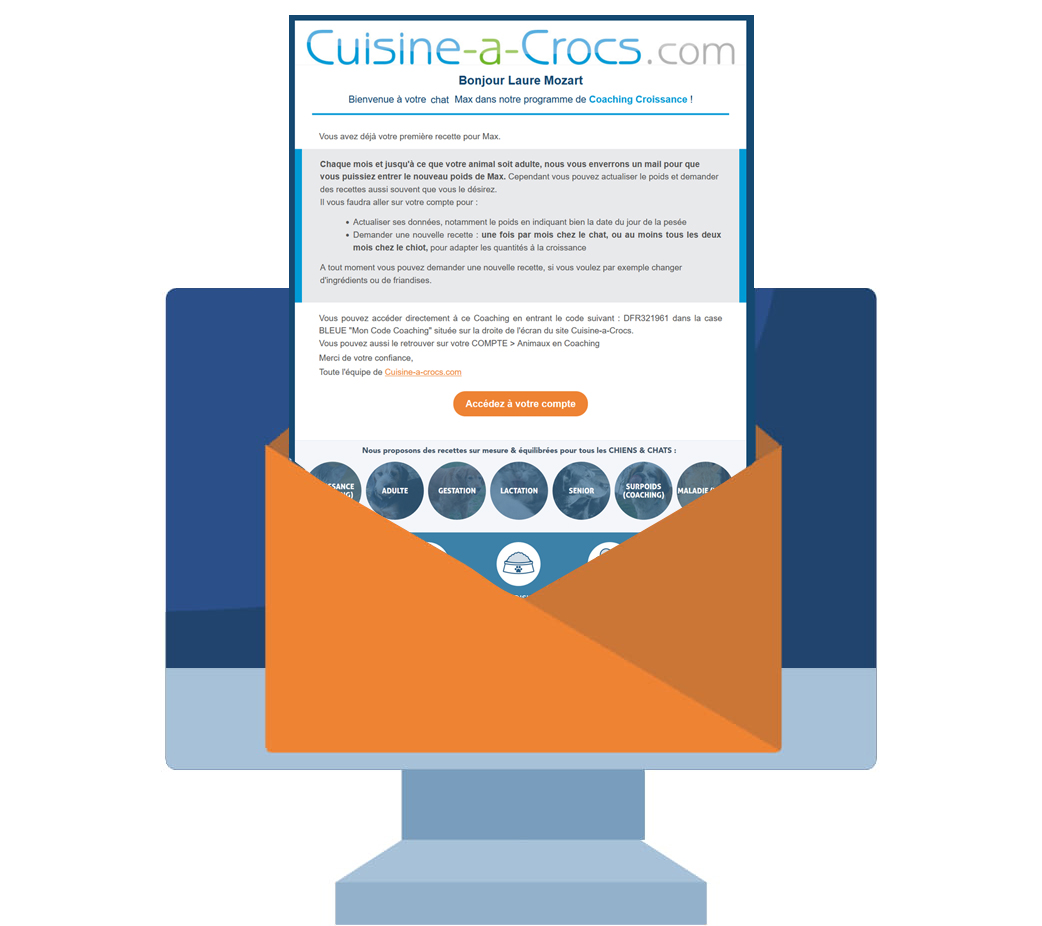 Email de suivi chaton Max en coaching croissance