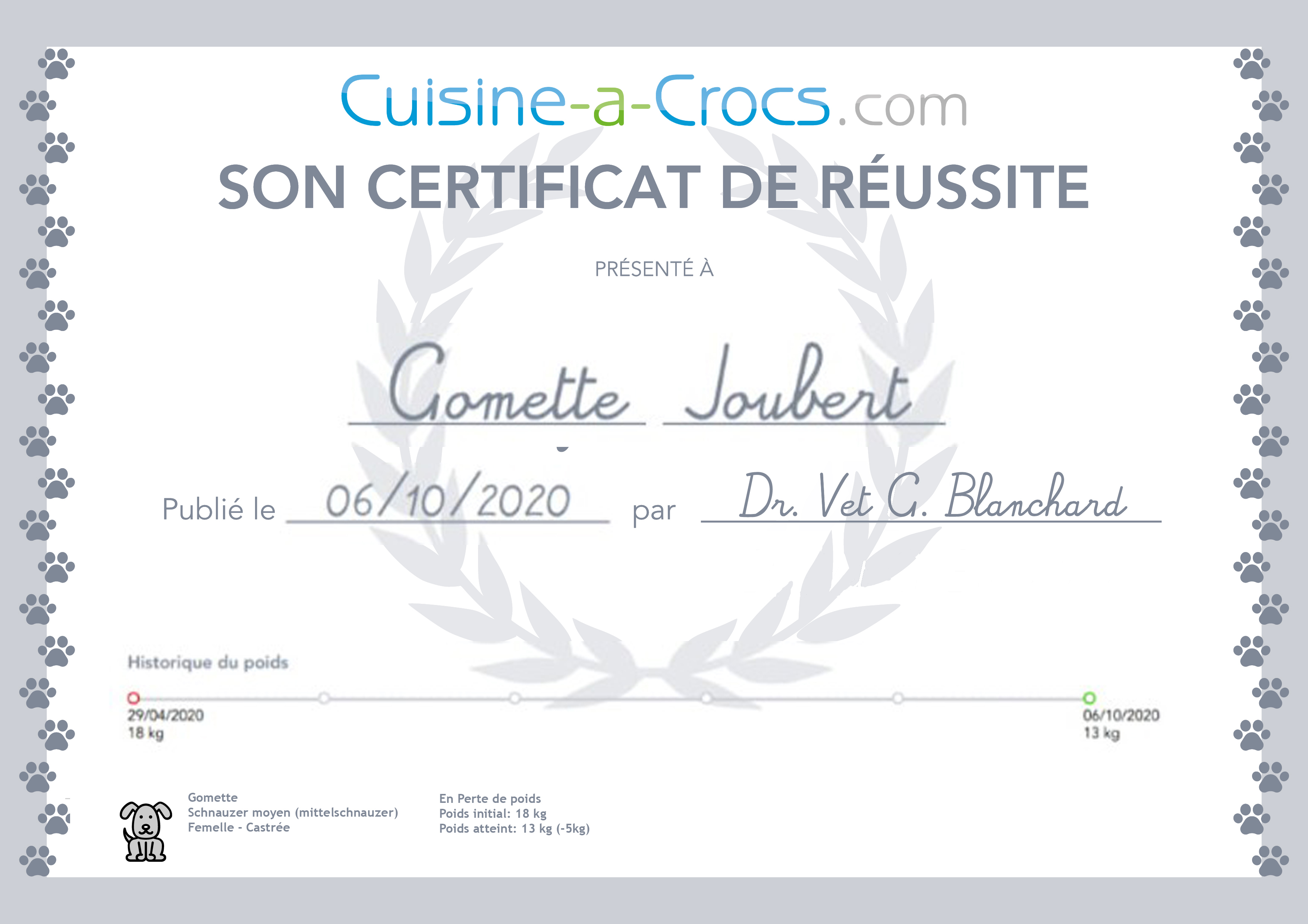 Certificat de réussite d'un coaching surpoids pour un chien