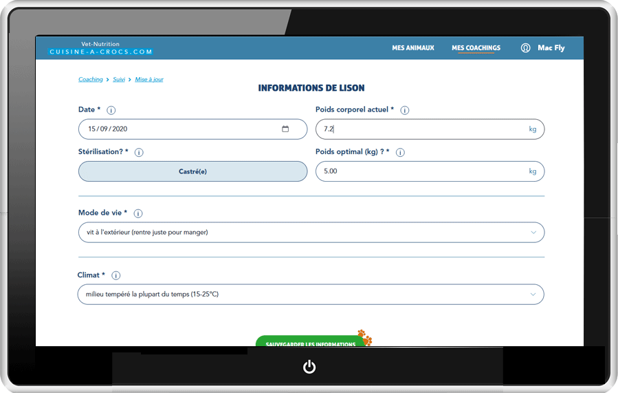 Mon compte Cuisine-a-crocs - les informations de mon chat