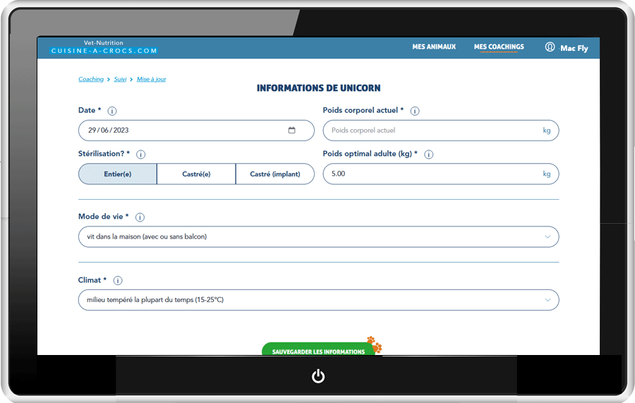Mon compte cuisine-a-crocs - mise à jour des informations de mon chaton en coaching croissance