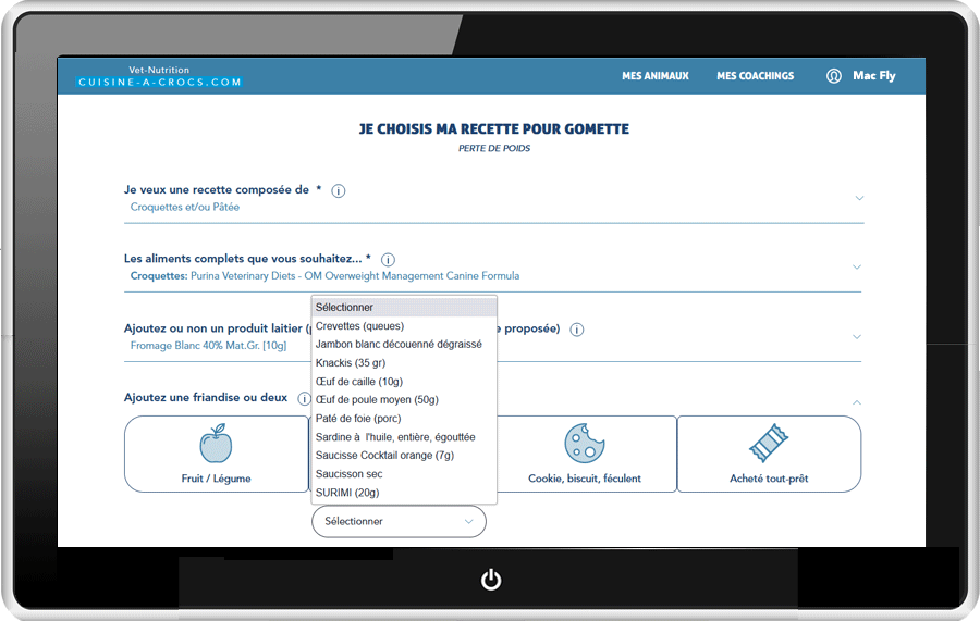 Ingredients d'uen recette sur mesure pour un chien en surpoids - choix des friandises
