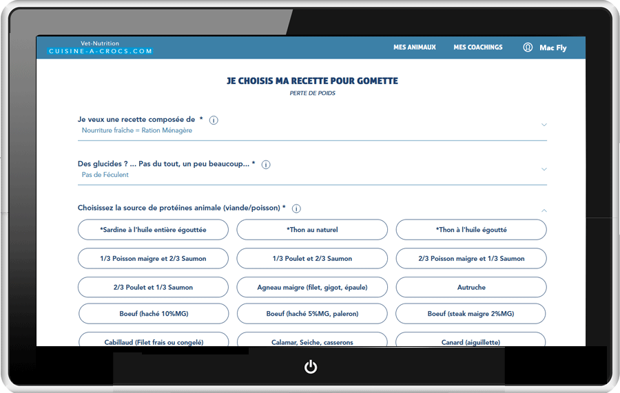 Ingredients d'une recette sur mesure pour un chien en surpoids - choix des protéines