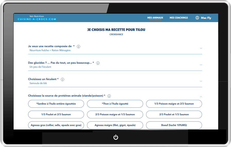 Ingredients d'une recette de ration ménagère pour chiot en croissance: choix des protéines