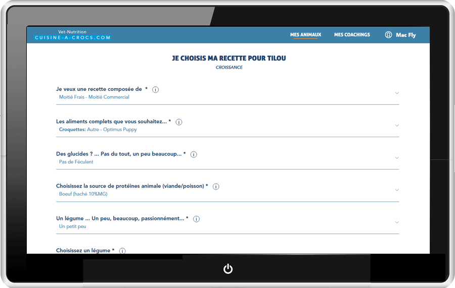 Ingredients d'une recette mixte pour chiot en croissance, moitié commer cial moitié fait maison