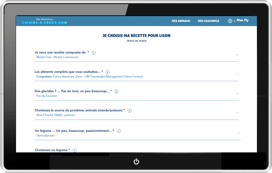 Ingrédients d'une recette mixte sur mesure pour un chat en surpoids sur ordinateur