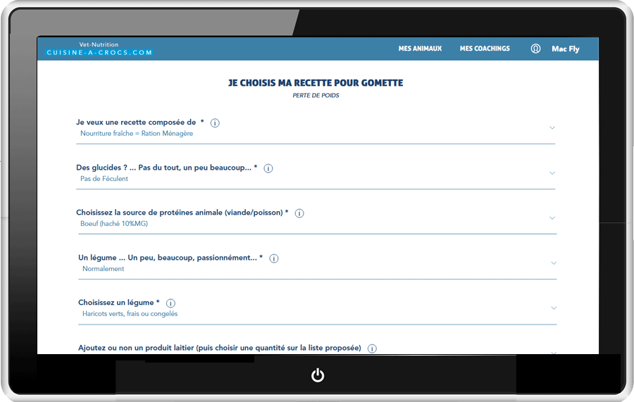 Ingrédients d'une recette sur mesure pour perte de poids pour chien de Cuisine-a-crocs