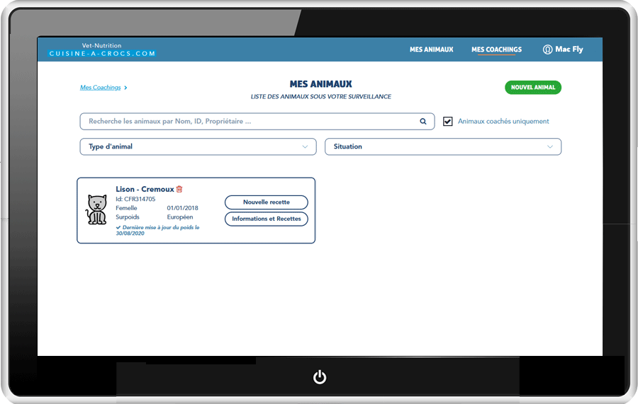 Mon compte Cuisine-a-crocs - Mes animaux en Coaching
