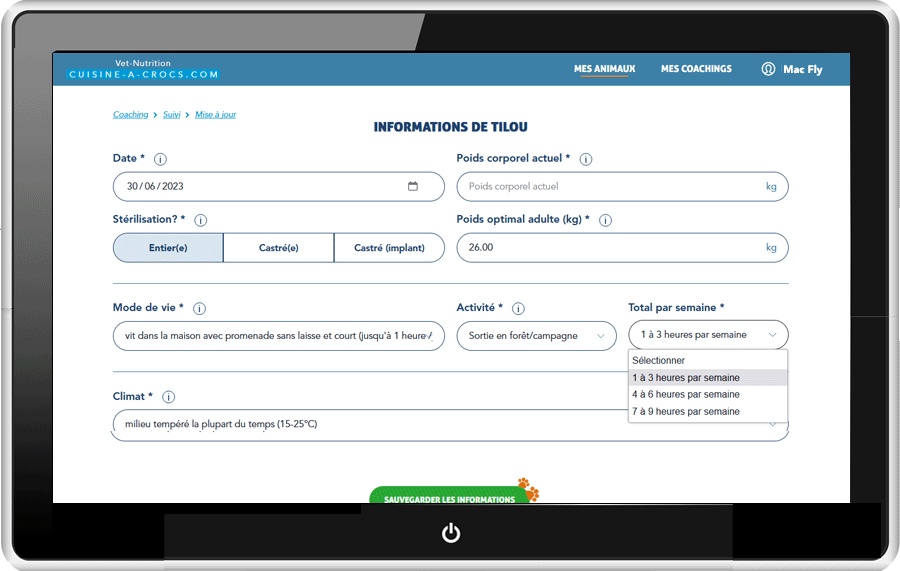 Actualisation des ifnormations de mon chiot en croissance: changement d'activité