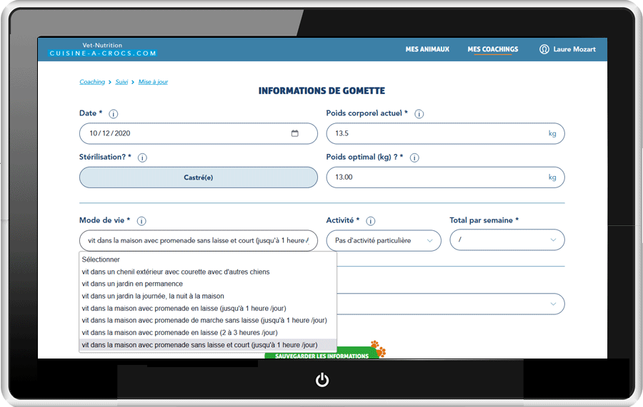 Mon compte - les informations de mon chien - activité - ordi