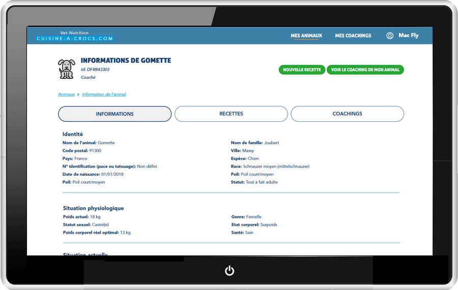 Mon compte particulier- Suivi de mes animaux en coaching - informations de mon chien