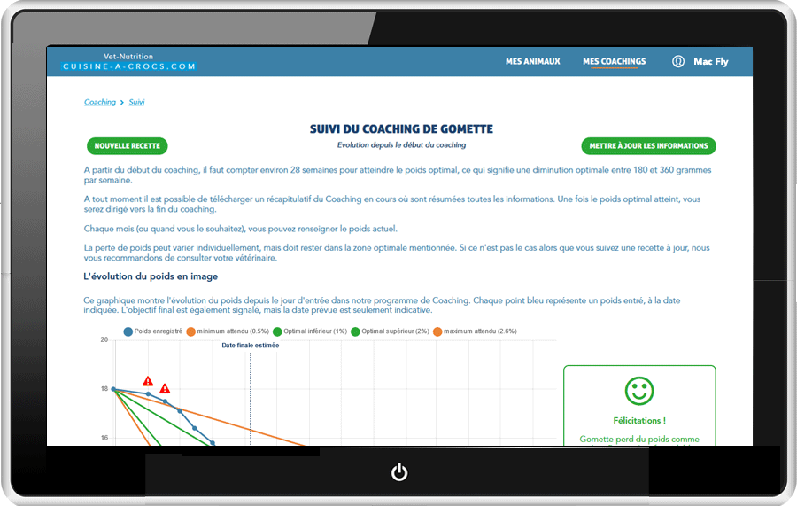 Suivi du coaching surpoids pour un chien - mon compte ordi