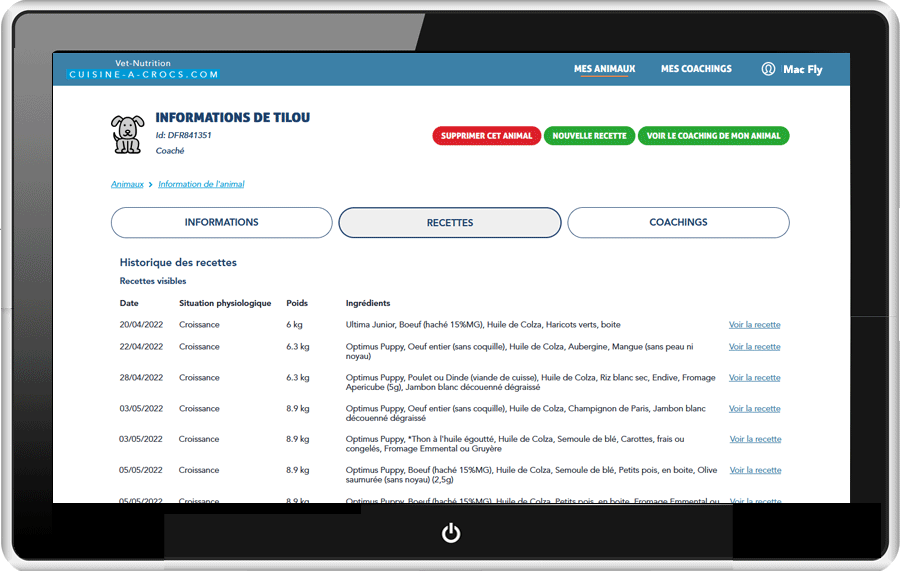 Compte particulier - Mes animaux - Coaching chiot en croissance - historique des recettes