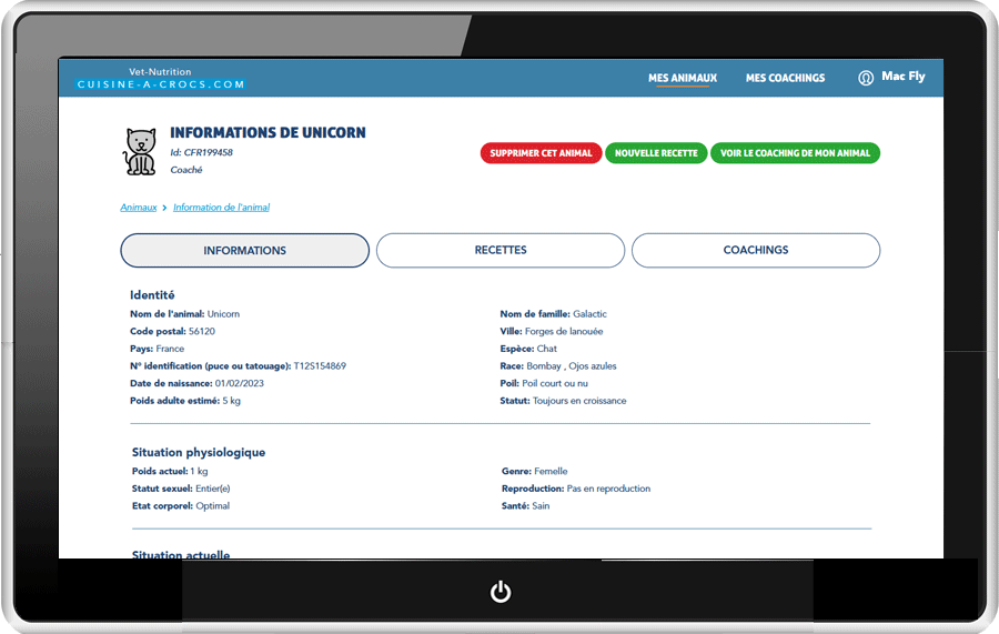 Mon compte cuisine-a-crocs - informations de mon chaton en coaching croissance