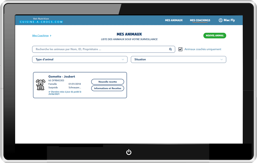 Mon compte particulier - mes animaux en coaching - version ordi