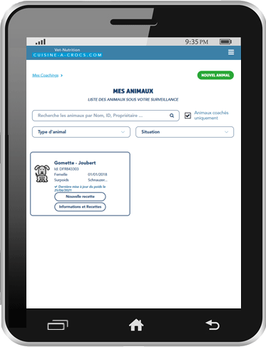 mon compte particulier - mes animaux en coaching - tablette