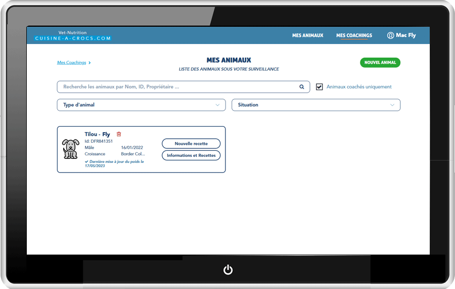 Mon compte cuisine-a-crocs - mes animaux en coaching