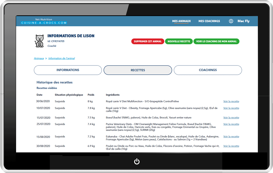 Mon compte particulier - mes animaux en coaching - historique des recettes