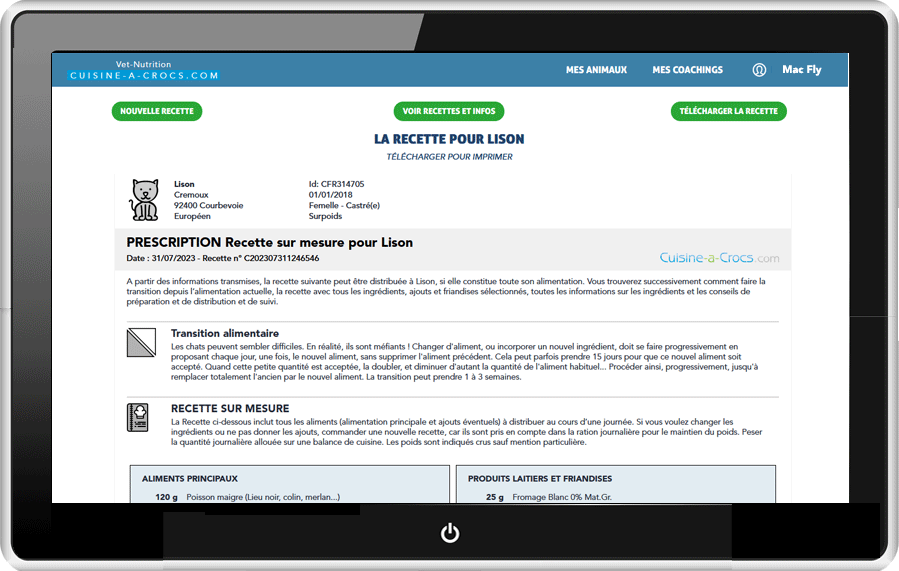 Exemple de recette sur mesure pour un chat en surpoids - version ordi cuisine-a-crocs