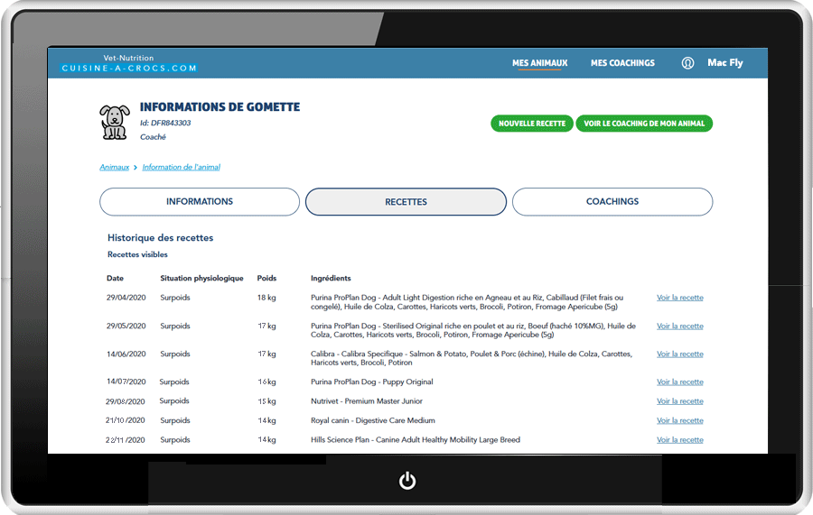 Mon compte particulier- Suivi de mes animaux en coaching - historique des recettes
