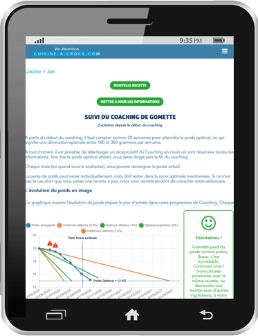 Graphique de suivi de perte de poids pour un chien en coaching surpoids - tablette